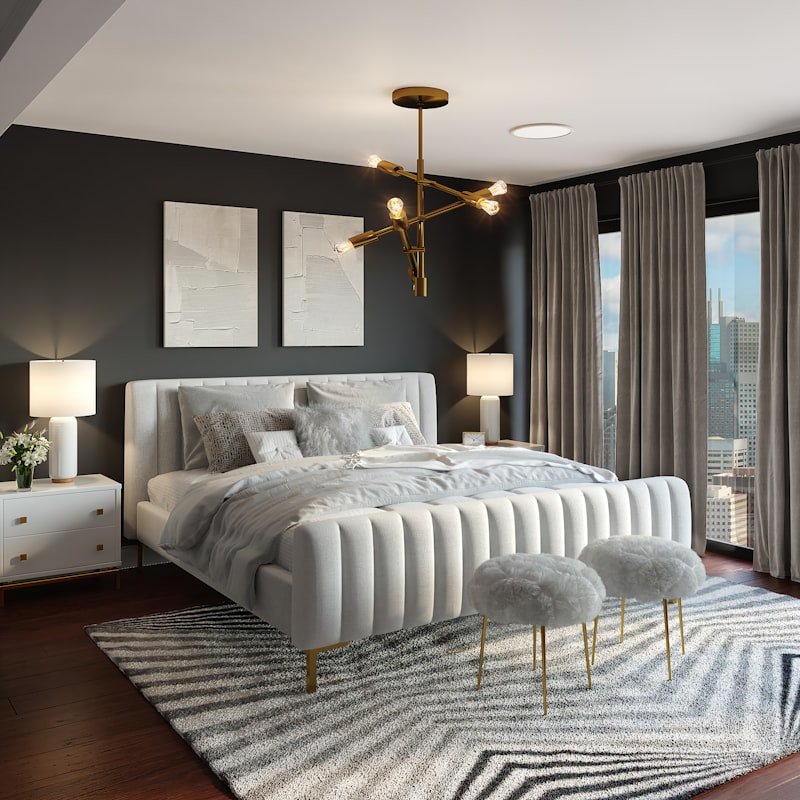 Calm bedroom with layered bedding